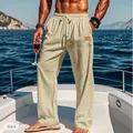 Close-up of men's breathable drawstring straight-leg linen trousers for beach vacation. - S / Bottoms / Khaki