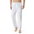 Close-up detail showing the texture and drawstring waist of men's white cotton linen trousers - S / Bottoms / White
