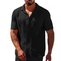 Camisa de hombre negra de manga corta con botones y textura de tela arrugada única - M / Tops / Negro