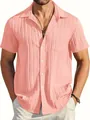 Close-up of men's pink short sleeve shirt with unique pleated stripe texture - M / Tops / Pink