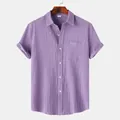 Macro view of men's lavender short-sleeved shirt with vertical crinkle texture - S / Seersucker Texture Lapel Top (A90) / Purple