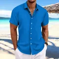 Bright blue men's short-sleeve cotton-linen shirt with vertical striped jacquard. - Sapphire Blue