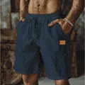 Short homme en coton et lin bleu marine avec cordon de serrage et taille élastique - M / Bas / Bleu Marine (avec Étiquette en Cuir)