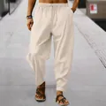 Lockere, atmungsaktive gestreifte Herrenhose aus Baumwollleinen in hellem Beige - Aprikose