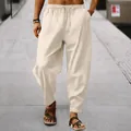 Men's loose breathable striped cotton linen casual pants in light cream beige - Apricot