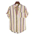 Detail view of the colorful vertical stripes and chest pocket on a men's Hawaiian shirt - M / Tops / TW07 (Pink and Yellow Stripe)