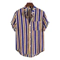 Detailed front view of men's vertical striped stand-collar short sleeve beach shirt - M / Tops / TW01-Blue Yellow Striped