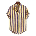 Detailed view of a yellow Hawaiian shirt with vertical stripes and a front pocket - M / Tops / TW08 (Yellow Blue Red Stripe)
