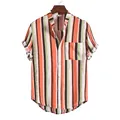 Detail showing vertical striped pattern and chest pocket on men's short sleeve shirt. - M / Tops / TW09 (Orange Green Brown Stripe)