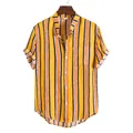 Close-up of yellow vertical striped men's shirt with mandarin collar and chest pocket - M / Tops / TW03-Ginger Striped