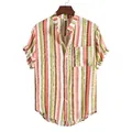 Men's short-sleeve striped shirt with lapel and pocket, colorful Hawaii casual style - M / Tops / TW10 (Pink Green Brown Stripe)