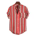 Close-up detail of a men's vertical striped short-sleeve shirt with stand collar and pocket. - M / Tops / TW04-Red Green Striped
