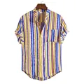 Detail view of multicolored vertical striped short sleeve Hawaiian shirt for men - TW11 (Multicolor Stripe)