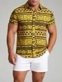 Gedetailleerd overzicht van het herenoverhemd met gele en zwarte etnische print - 3XL / Tops / Geel