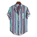 Detail view of vibrant multi-color striped men's summer shirt with mandarin collar - M / Tops / TW05-Multicolored Striped
