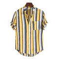 Front view of yellow vertical striped men's shirt with mandarin collar on hanger - TW06-Yellow Blue Black Striped