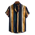 Front view of men's short sleeve Hawaiian shirt with vibrant multi-color vertical stripes - M / Tops / Navy Blue Retro Stripe (C142)