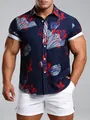 Chemise à fleurs pour hommes coupe ajustée à manches courtes bleu marine et fleurs rouges. - 3XL / Hauts / Oiseau floral rouge bleu marine (C263)