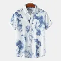 Men's short-sleeved summer shirt with blue abstract ink smoke print and lapel collar design - 3XL / Tops / Blue (C97)