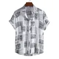 Macro view of white short-sleeved casual shirt featuring artistic black abstract linear patterns - M / Tops / White with Black Line Geometric (C138)
