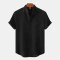 Close-up of a men's black short sleeve cotton linen shirt featuring a stylish stand collar - L / Tops / Black
