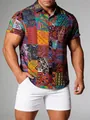 Vibrant patchwork pattern on men's short-sleeve Hawaiian button-down casual shirt - 3XL / Tops / TC19 Bohemian Collage