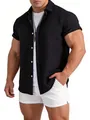Men's casual black short-sleeved button-down shirt with textured seersucker fabric - Black