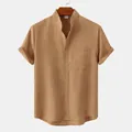 Detail of men's short sleeve cotton linen shirt with mandarin collar and front pocket. - 3XL / Tops / Brown