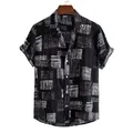 Men's casual short sleeve shirt with white abstract linear print on black - M / Tops / Black (C138)