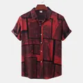 Detail view of men's red Hawaiian print shirt with abstract geometric marble pattern. - CD20240218515 / S