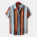 Front view of men's cotton-linen short-sleeve shirt with vibrant vertical stripe print - Orange (C107)