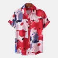 Vibrant abstract oil paint pattern on a men's short-sleeve beach button-up shirt - Red (C99)