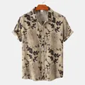 Close-up of men's short-sleeved shirt with black floral print on khaki background - S / Khaki Floral Print