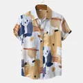 Detailed view of men's short sleeve shirt featuring abstract artistic print pattern - Khaki (C99)