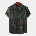 Men's loose short sleeve summer shirt with green abstract marble print and lapel - S / Tops / Green Brown Marble Print