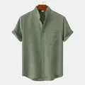 Detailed view of an olive green cotton linen short-sleeved shirt featuring a stand-up collar - Light Green