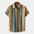 Close-up of men's striped cotton linen short sleeve shirt with vibrant colors. - Green (C107)