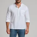 Vista frontal detallada de una camisa blanca de lino y algodón transpirable con cuello mao - 3XL / Tops / Blanco
