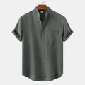 Detailed view of dark gray cotton linen men's short sleeve shirt with mandarin collar. - Dark Green