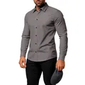 Detailed view of a slim fit men's grey long sleeve shirt with a classic collar design - Gray