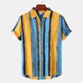 Detailed view of men's Hawaiian striped short sleeve shirt with vertical patterns. - 3XL / Tops / Yellow (C107)