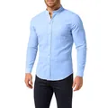 Chemise ajustée pour homme en lin et coton bleu clair avec col officier et poche poitrine - S / Hauts / Bleu clair