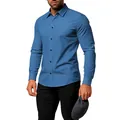 Primer plano de una camisa casual azul de manga larga para hombre con ajuste ceñido - S / Tops / Aguamarina