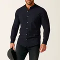 Slim fit men's navy cotton linen long sleeve shirt with mandarin collar and chest pocket - Black