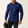 Detailed view of men's navy blue cotton linen long sleeve shirt with mandarin collar - Navy Blue