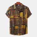 Close-up of a men's stylish Hawaiian shirt featuring a yellow marble print and black lines - S / Green Abstract Print