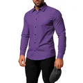 Detalle de camisa casual morada de manga larga para hombre con corte entallado y botones. - S / Tops / Púrpura