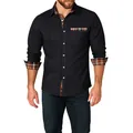 Camicia da uomo nera a maniche lunghe con dettagli patchwork a quadri su polsini e tasca - Taglia S / Top / Nero