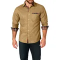 Dettaglio della camicia da uomo color kaki a maniche lunghe con inserti a quadri. - Taglia S / Top / Kaki
