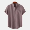 Detailed view of a men's mauve cotton-linen short-sleeve shirt with a front pocket. - 3XL / Tops / Red
